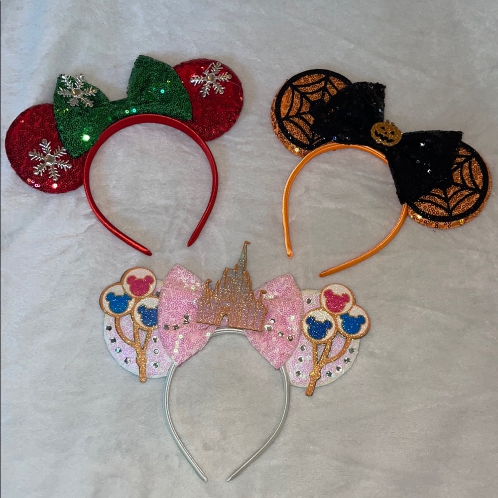 Three Minnie mouse headband ears, Christmas Halloween birthday Castle princess